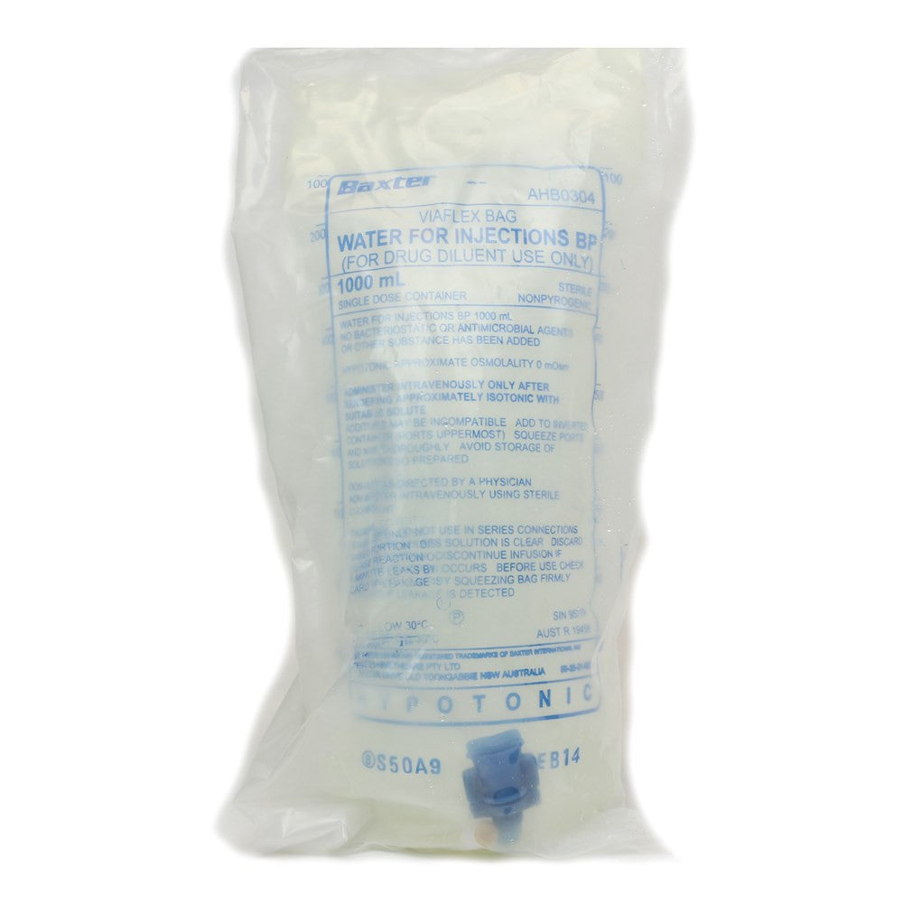 Baxter Viaflex water for injection 1000mL bag front view