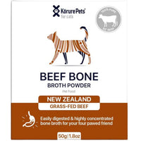 Korure Pets Beef Bone Broth Powder for cats, 50 g carton with a cat graphic and grass-fed beef flag.