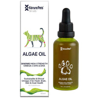Korure Pets Algae Oil for cats, white carton with a cat graphic beside its dark green dropper bottle.