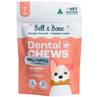 Bell and Bone Salmon & Carrot Puppy Dental Chews packaging close-up