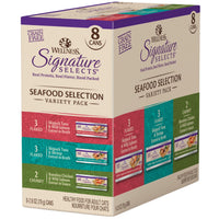 Wellness CORE Signature Selects Seafood Selection Variety Pack, eight-can carton at an angle