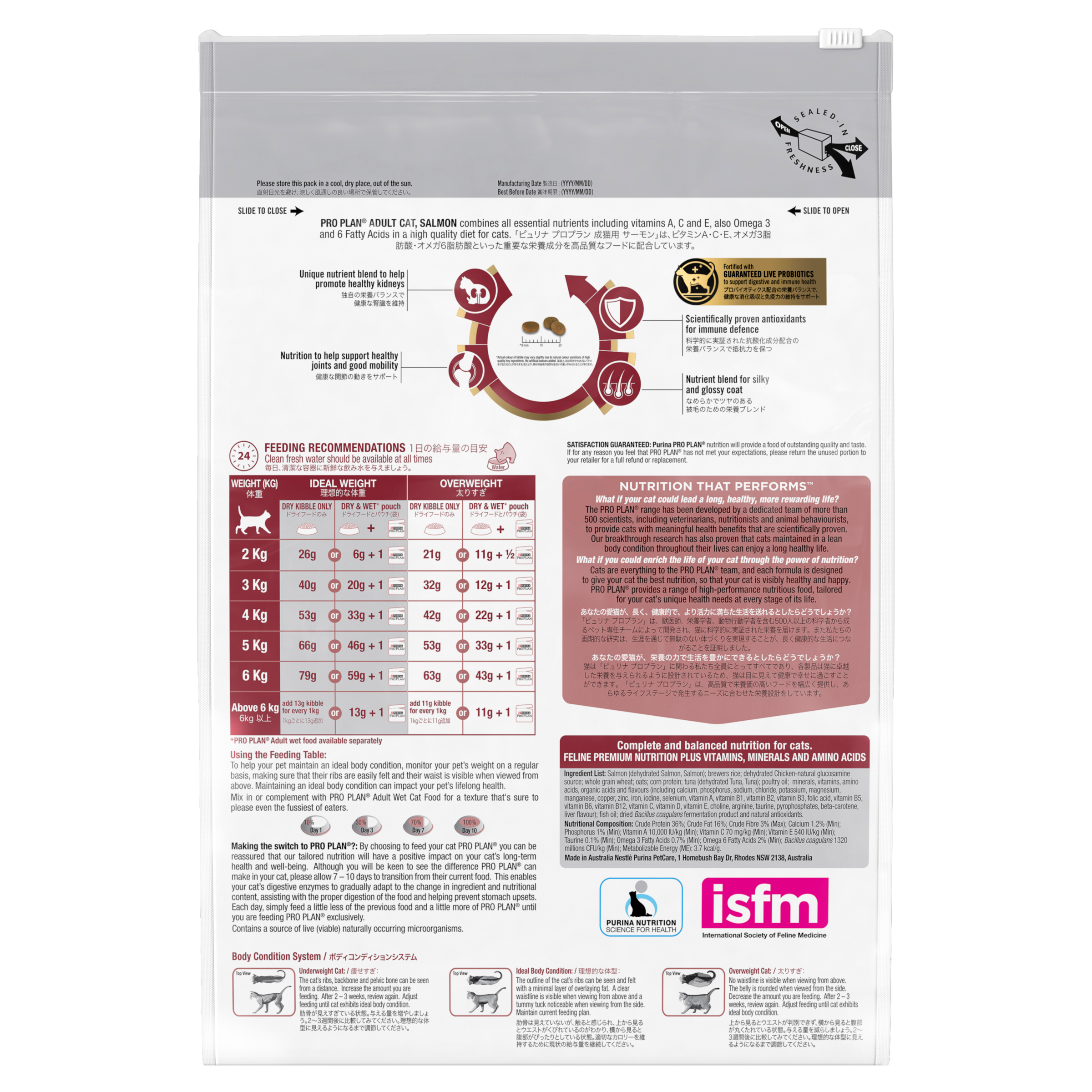 PRO PLAN Adult Salmon Formula bag back, with feeding tables, ingredients and the iSFM logo
