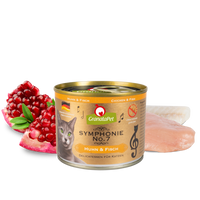 GranataPet Symphonie No. 7 Chicken & Fish 200g tin, front of pack, with a raw white fish fillet and chicken