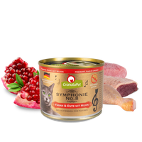 GranataPet Symphonie No. 8 Pheasant & Duck with Chicken 200g tin, front of pack, with raw game bird meat and a poultry leg