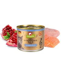GranataPet Symphonie No. 4 Salmon & Turkey 200g tin, front of pack showing the grain free symbol, with a raw salmon fillet