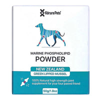 Korure Pets Marine Phospholipid Powder for dogs, flat 50 g carton with a dog graphic.