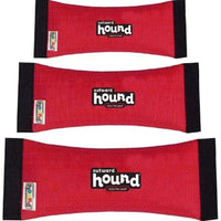 Three sizes of the red Outward Hound Fire Hose Squeak N Fetch dog toy stacked together