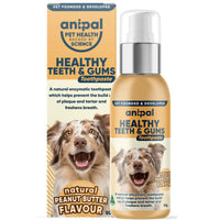 Anipal Healthy Teeth and Gums dog toothpaste, 50g carton and pump bottle in peanut butter flavour