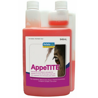 Kelato AppeTITE horse appetite supplement in a 946mL bottle with a measuring chamber
