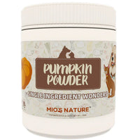 Front of the 180g Mio's Nature Pumpkin Powder tub for dogs and cats, with a pumpkin pictured on the label