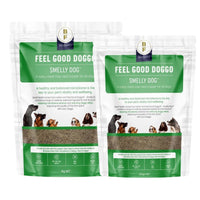 Feel Good Doggo Smelly Dog meal topper, both pouch sizes side by side
