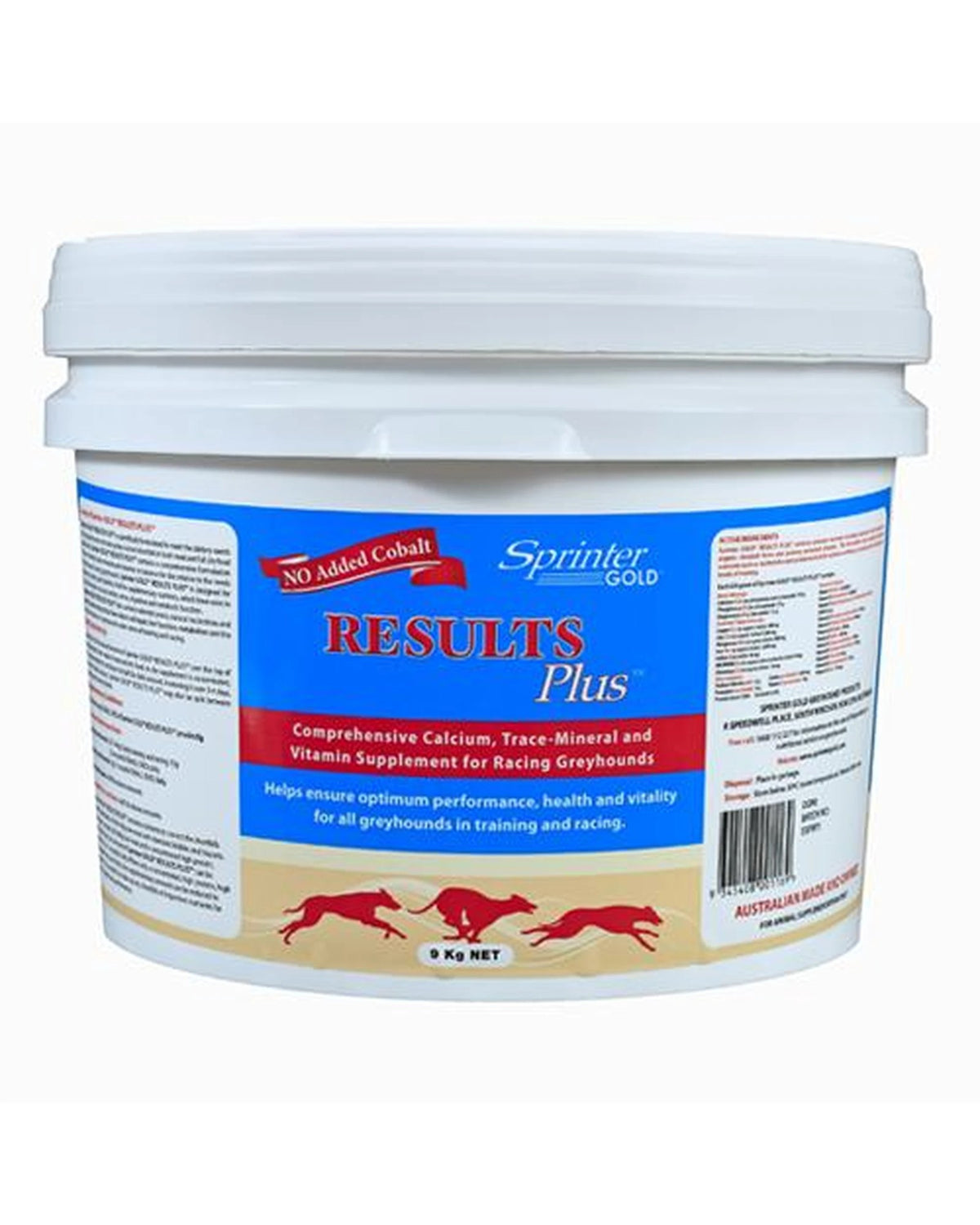 Sprinter Gold Results Plus 9kg greyhound calcium and vitamin supplement bucket