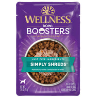 Wellness Bowl Boosters Simply Shreds Flaked Tuna, Beef & Carrots dog topper pouch, front