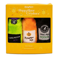 Zippy Paws Happy Hour Crusherz Halloween three-pack of plush bottle dog toys in its box