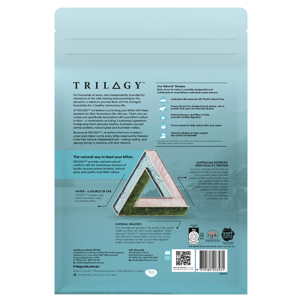 Trilogy Kitten Barramundi with Tuna bag, back panel with feeding information and barcode