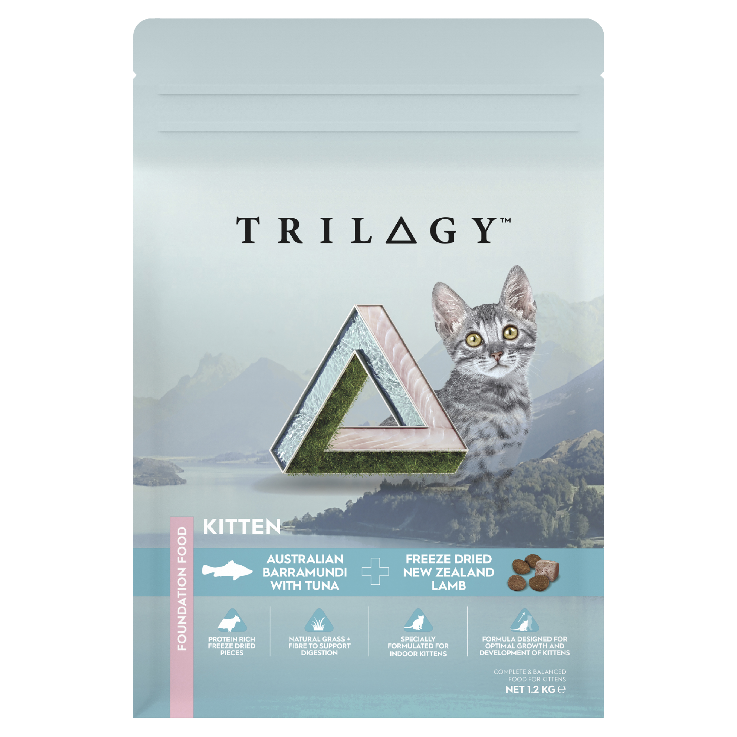 Trilogy Dry Cat Food for Kitten Australian Barramundi with Tuna + Freeze Dried NZ Lamb front of pack