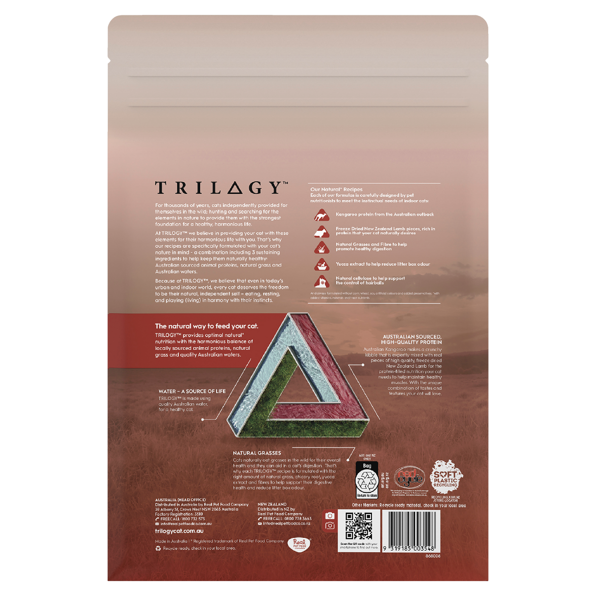 Trilogy Dry Adult Cat Food Australian Kangaroo + Freeze Dried Lamb back of pack