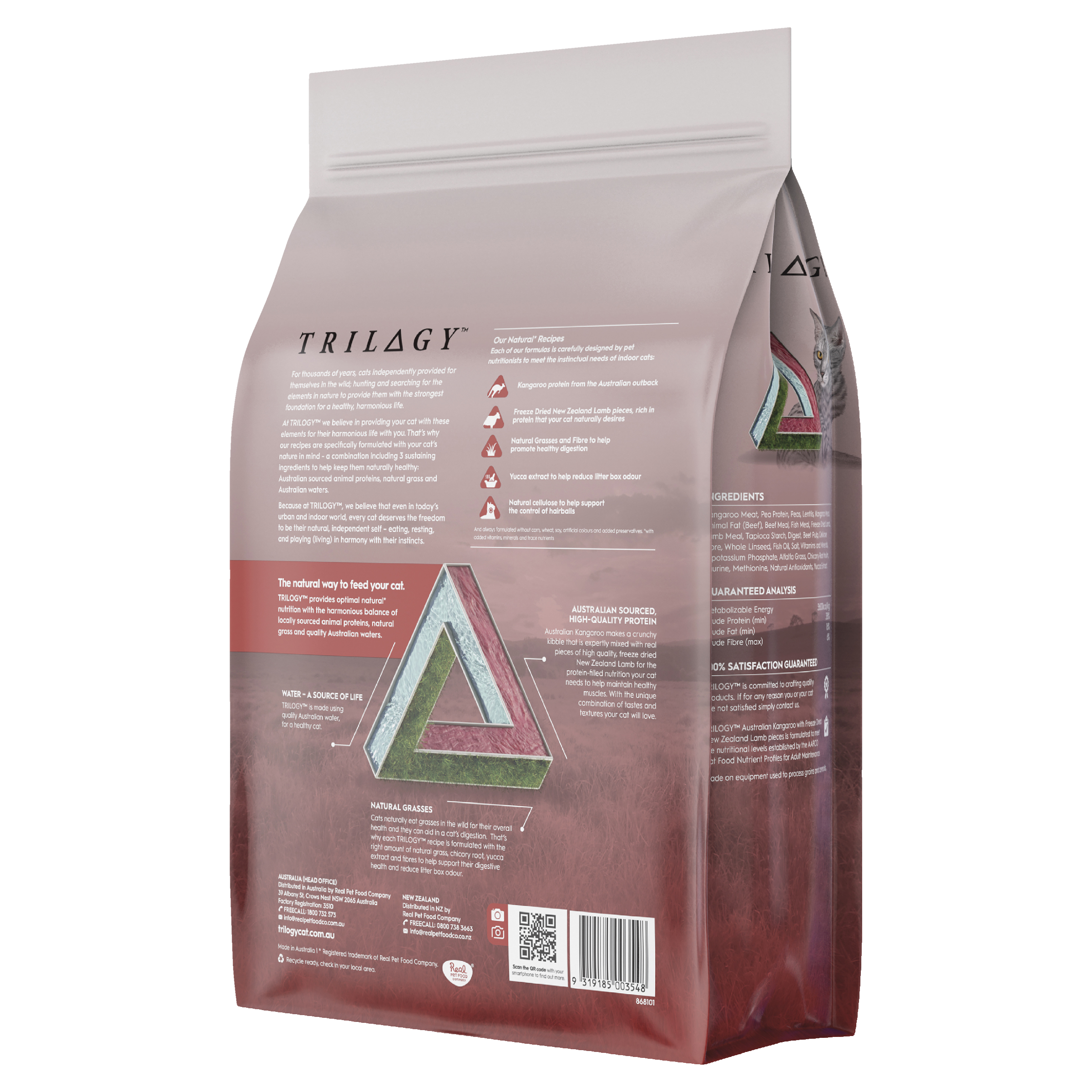 Trilogy Dry Adult Cat Food Australian Kangaroo + Freeze Dried Lamb left side of pack