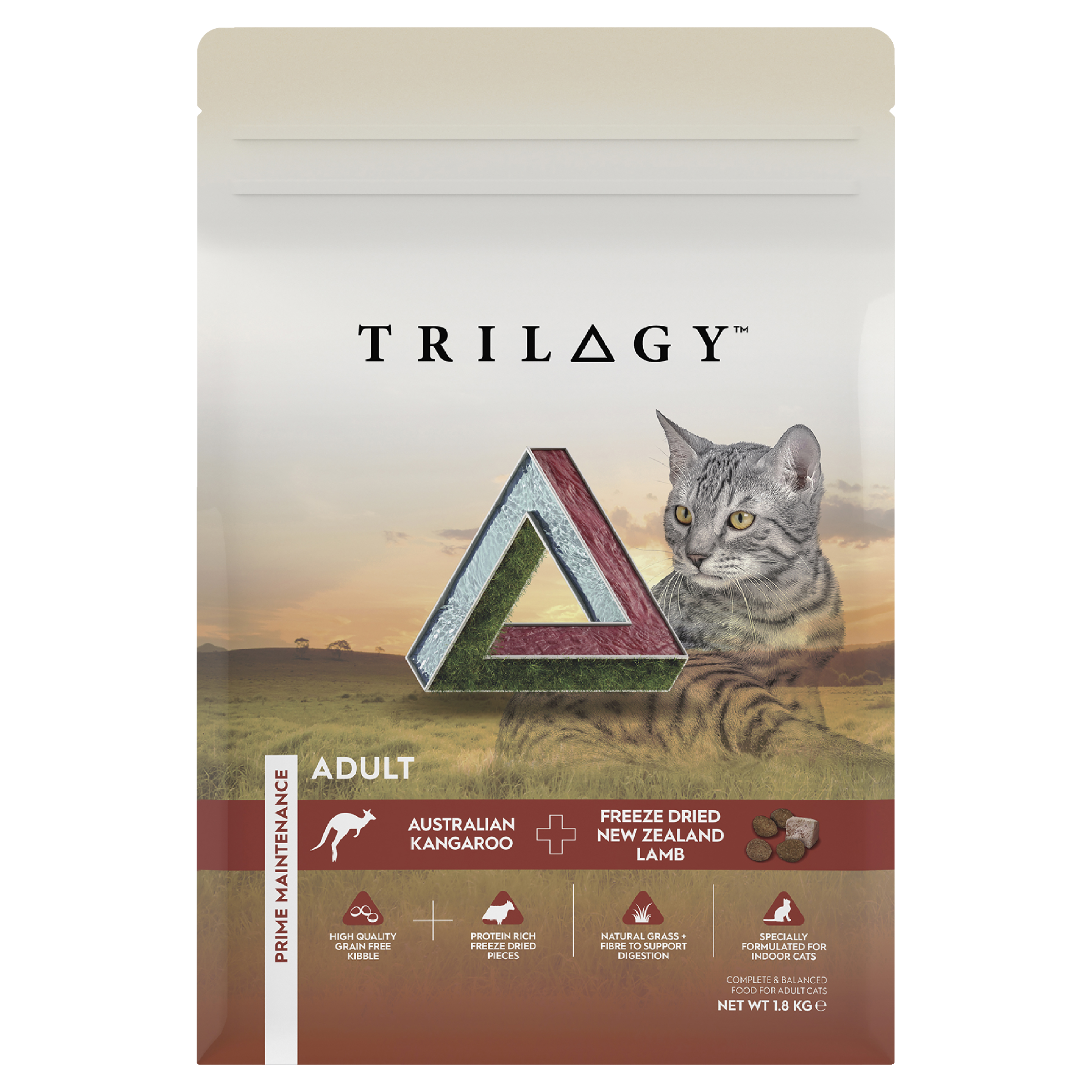 Trilogy Dry Adult Cat Food Australian Kangaroo + Freeze Dried Lamb front of pack
