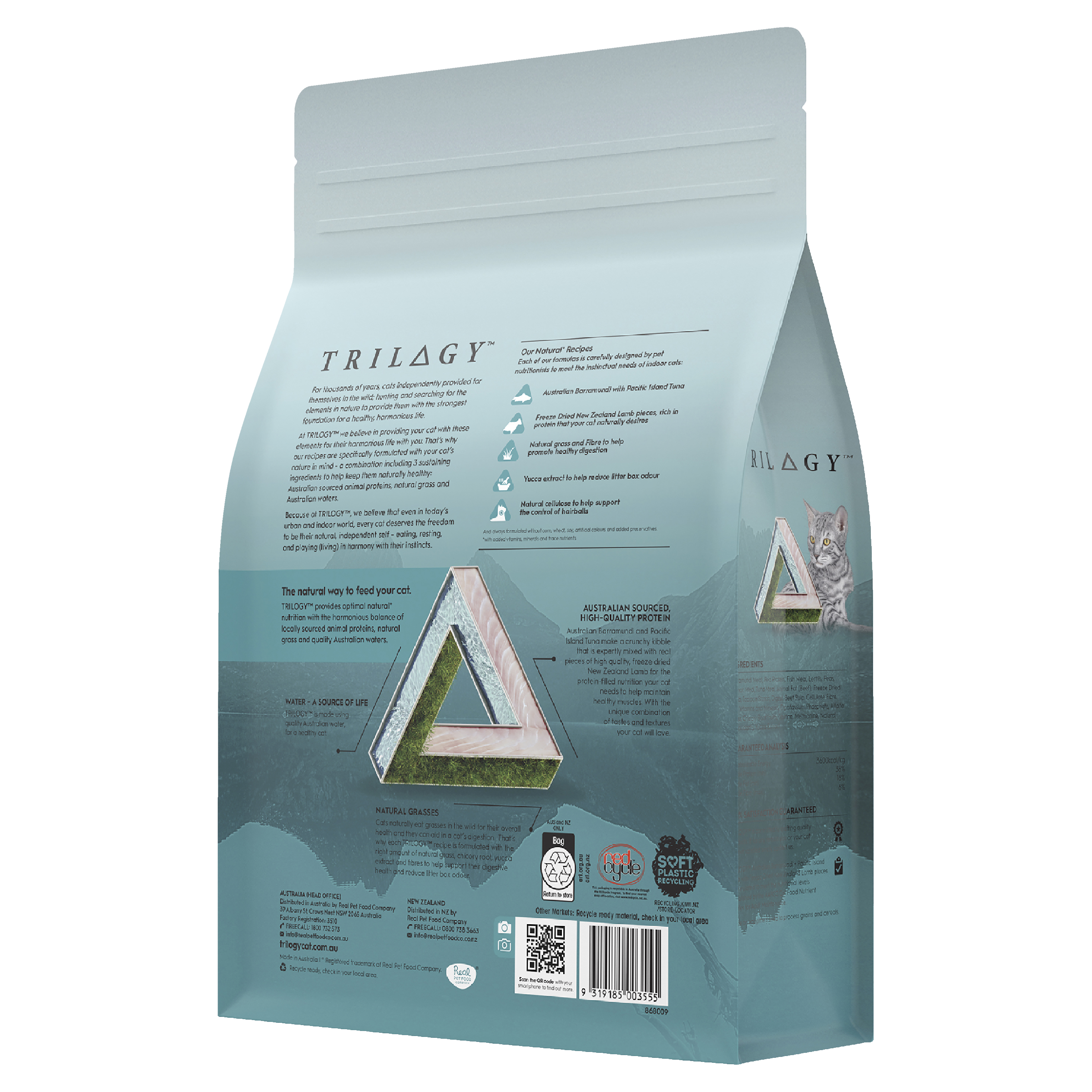 Trilogy Dry Adult Cat Food Australian Barramundi with Tuna + Freeze Dried Lamb back of pack