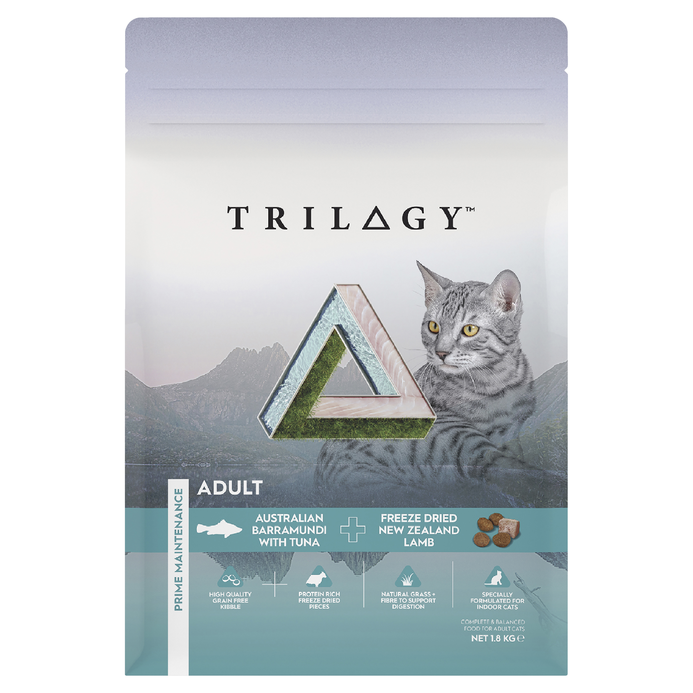 Trilogy Dry Adult Cat Food Australian Barramundi with Tuna + Freeze Dried Lamb front of pack