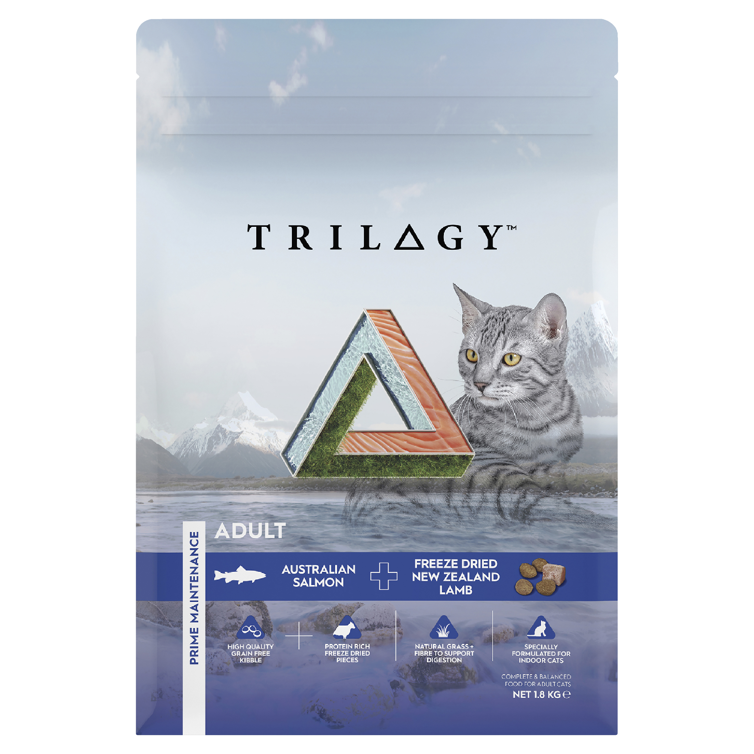 Trilogy Dry Adult Cat Food Australian Salmon + Freeze Dried Lamb front of pack