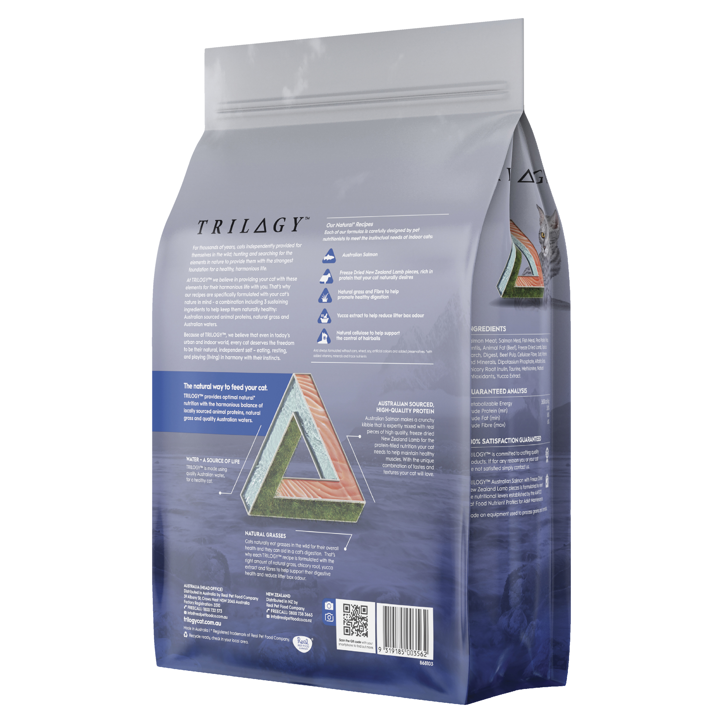 Trilogy Dry Adult Cat Food Australian Salmon + Freeze Dried Lamb left side of pack