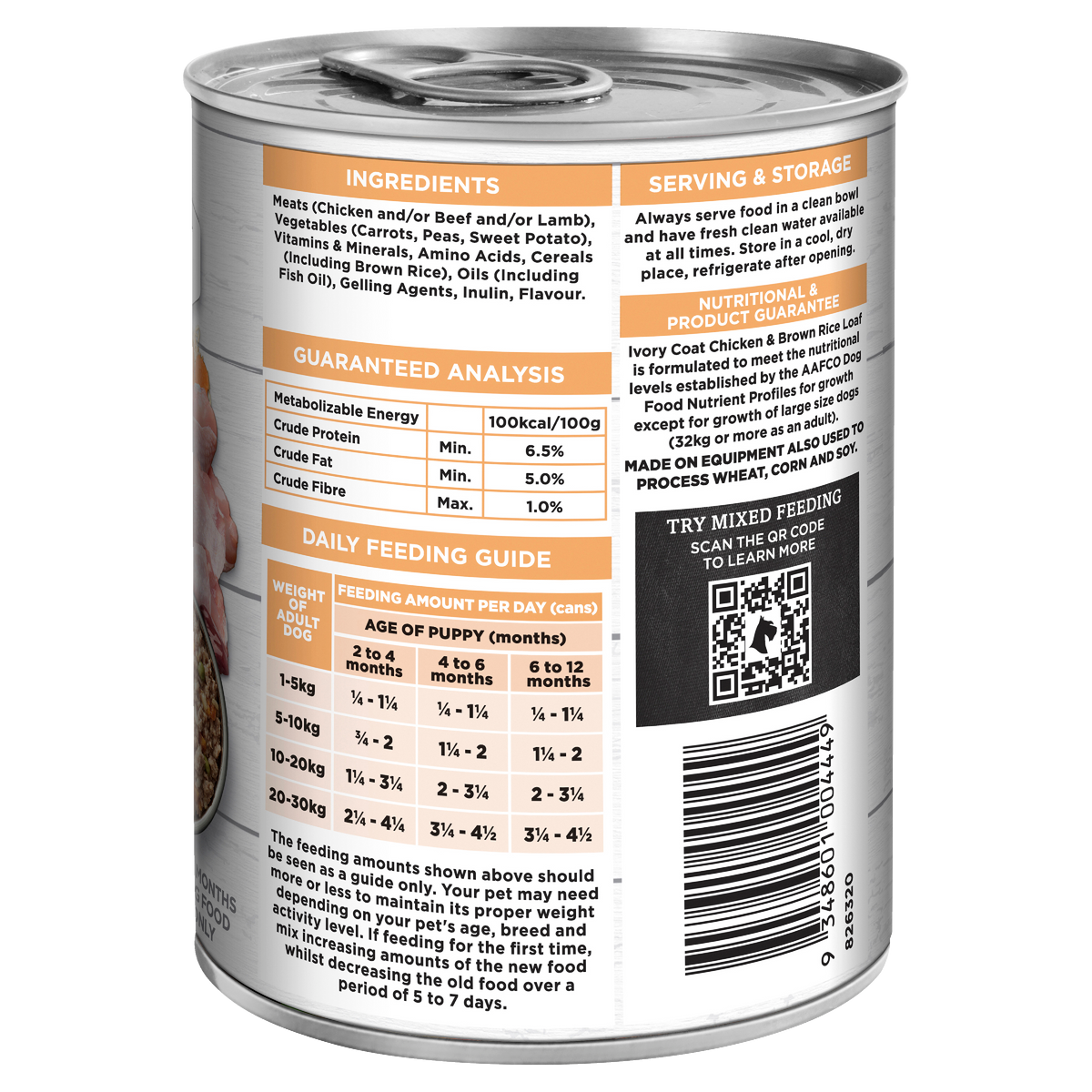 Ivory Coat Chicken and Brown Rice Loaf puppy can label, ingredients and feeding side