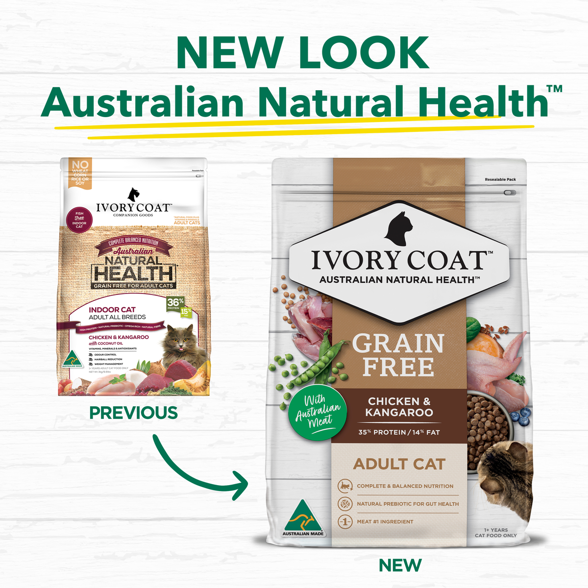 Ivory Coat packaging update: previous and new Grain Free Chicken and Kangaroo bags