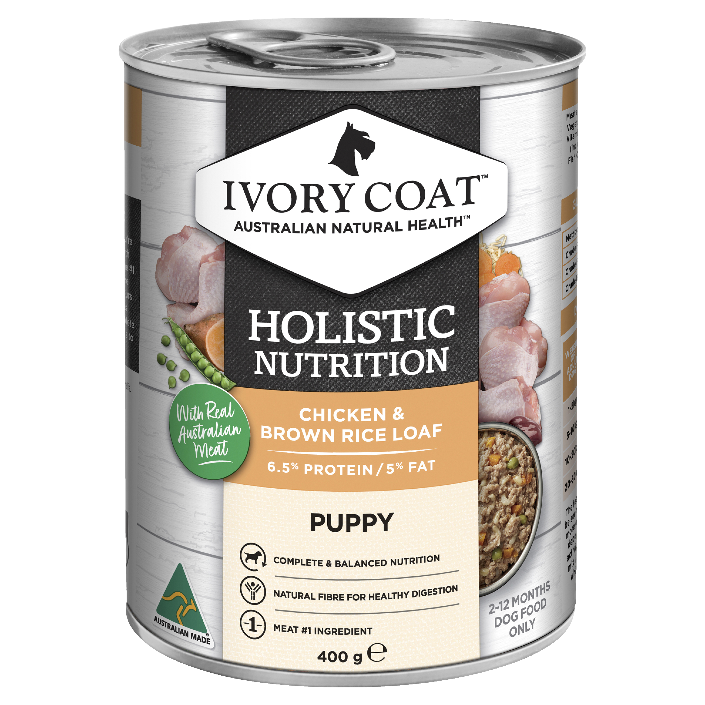 Ivory Coat Holistic Nutrition Puppy Wet Dog Food Chicken & Brown Rice Loaf front of pack