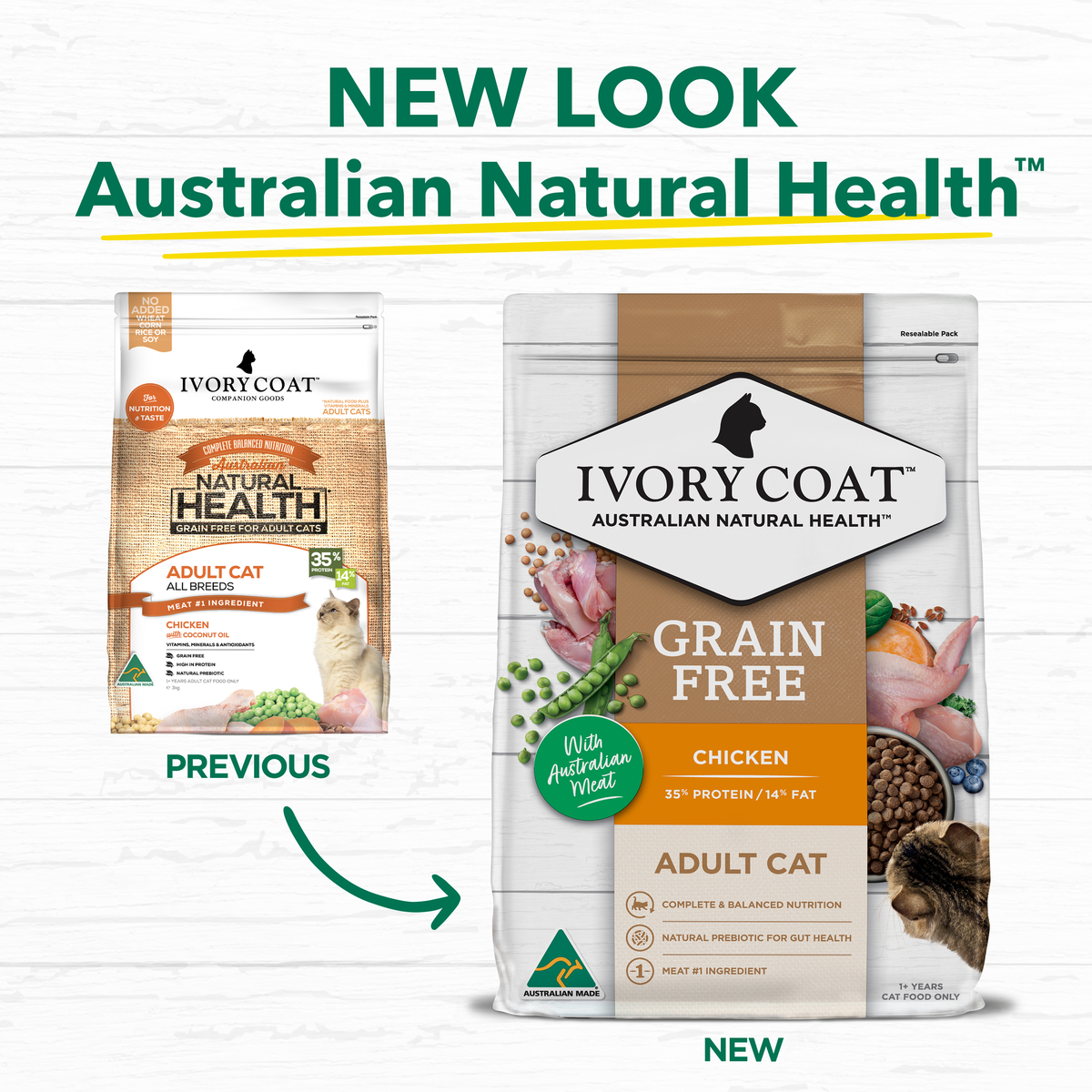 Ivory Coat packaging update: previous and new Grain Free Chicken adult cat bags