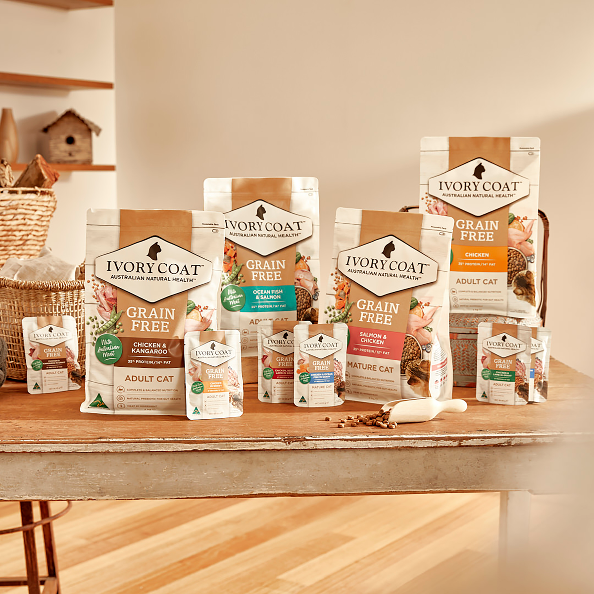 The Ivory Coat cat food range on a kitchen bench