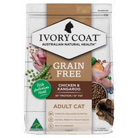Ivory Coat Grain Free Chicken and Kangaroo adult dry cat food, front of the bag