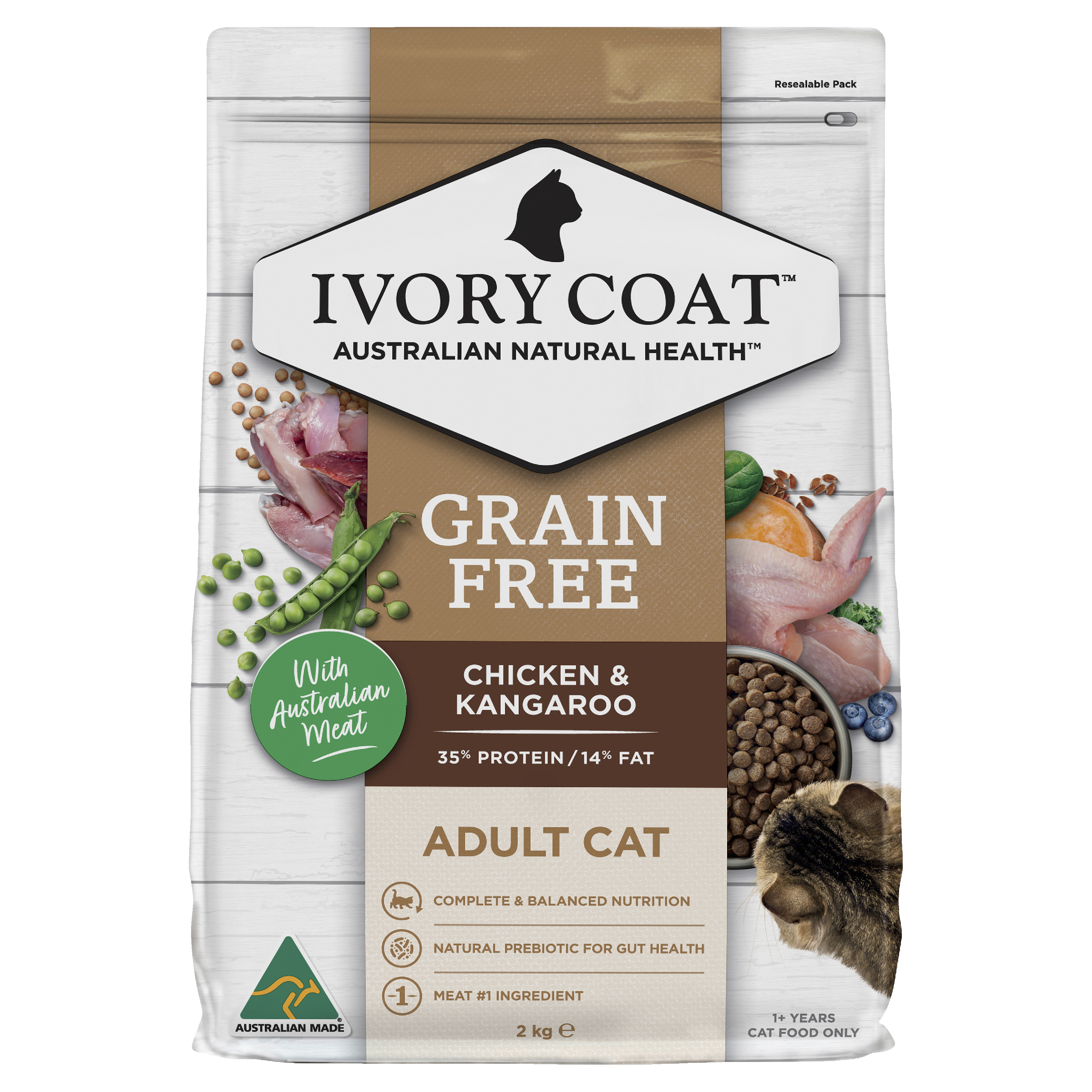 Ivory Coat Grain Free Adult Dry Cat Food Chicken & Kangaroo front of pack