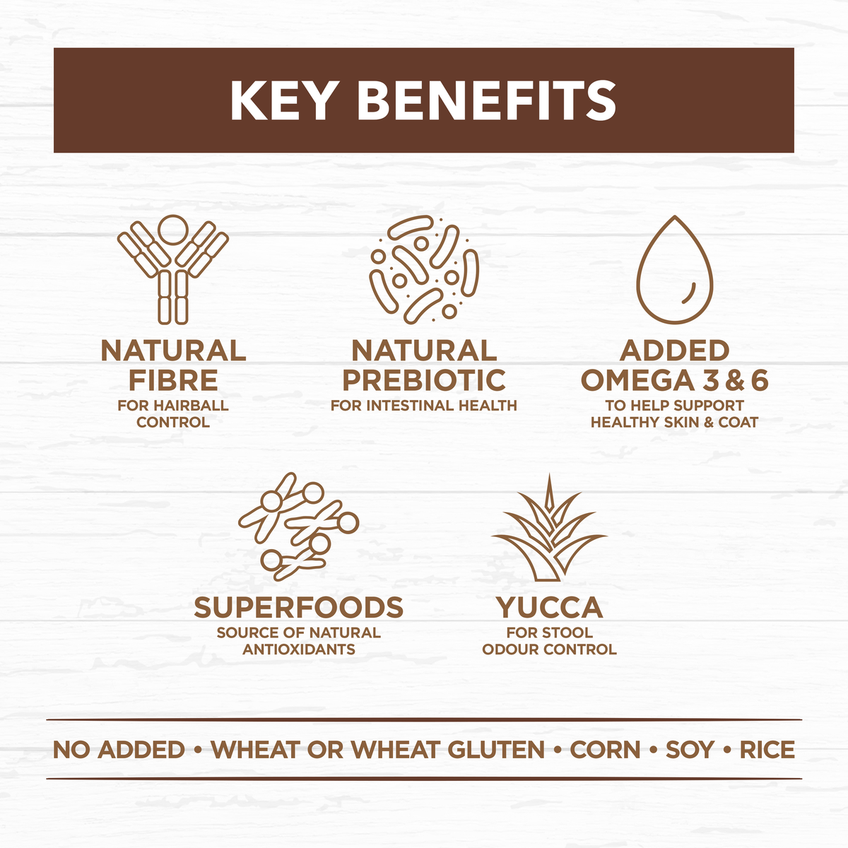 Ivory Coat key benefits: natural fibre, prebiotic, omega 3 and 6, superfoods, yucca for odour