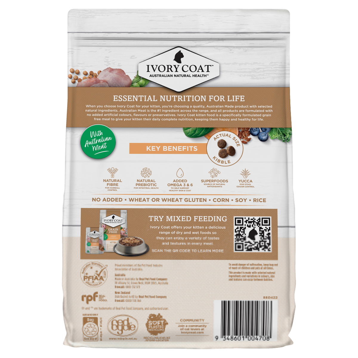 Back of the Ivory Coat Grain Free Chicken dry kitten food bag