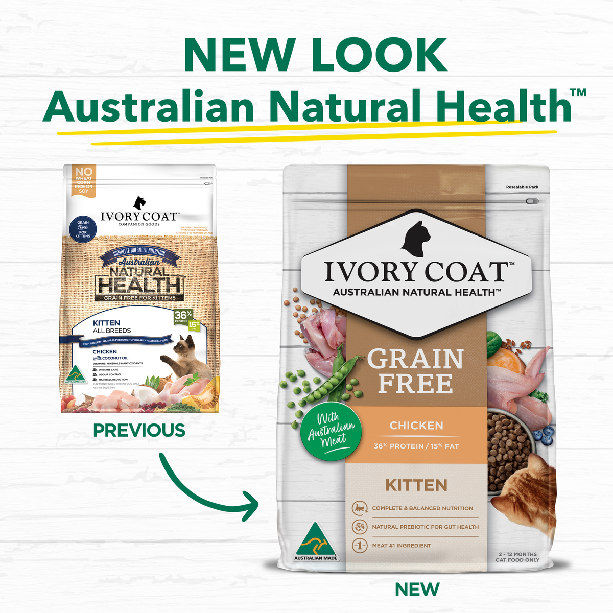 Ivory Coat packaging update: previous and new Grain Free Chicken kitten bags