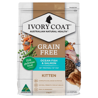 Ivory Coat Grain Free Ocean Fish and Salmon dry kitten food, front of the bag