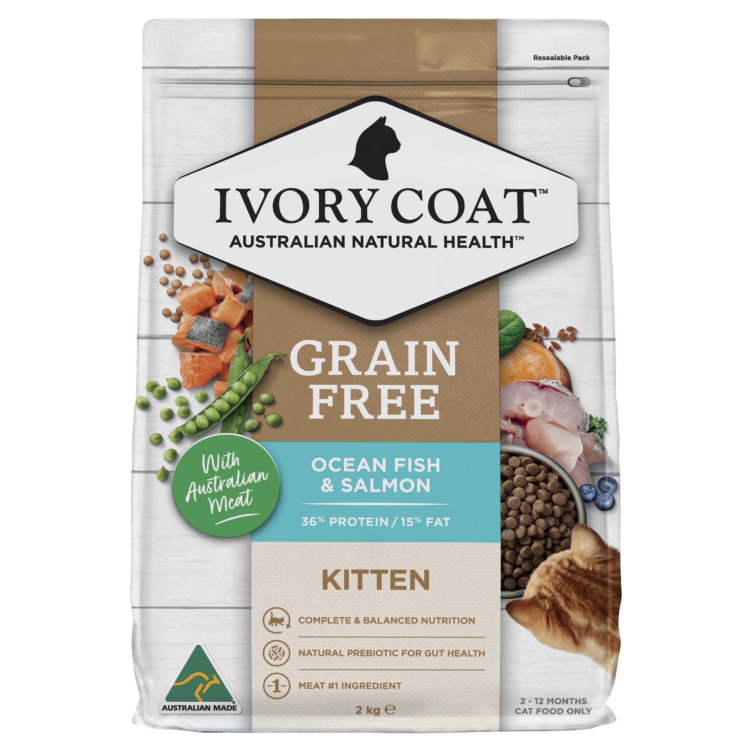 Ivory Coat Grain Free Dry Kitten Food Ocean Fish & Salmon front of pack