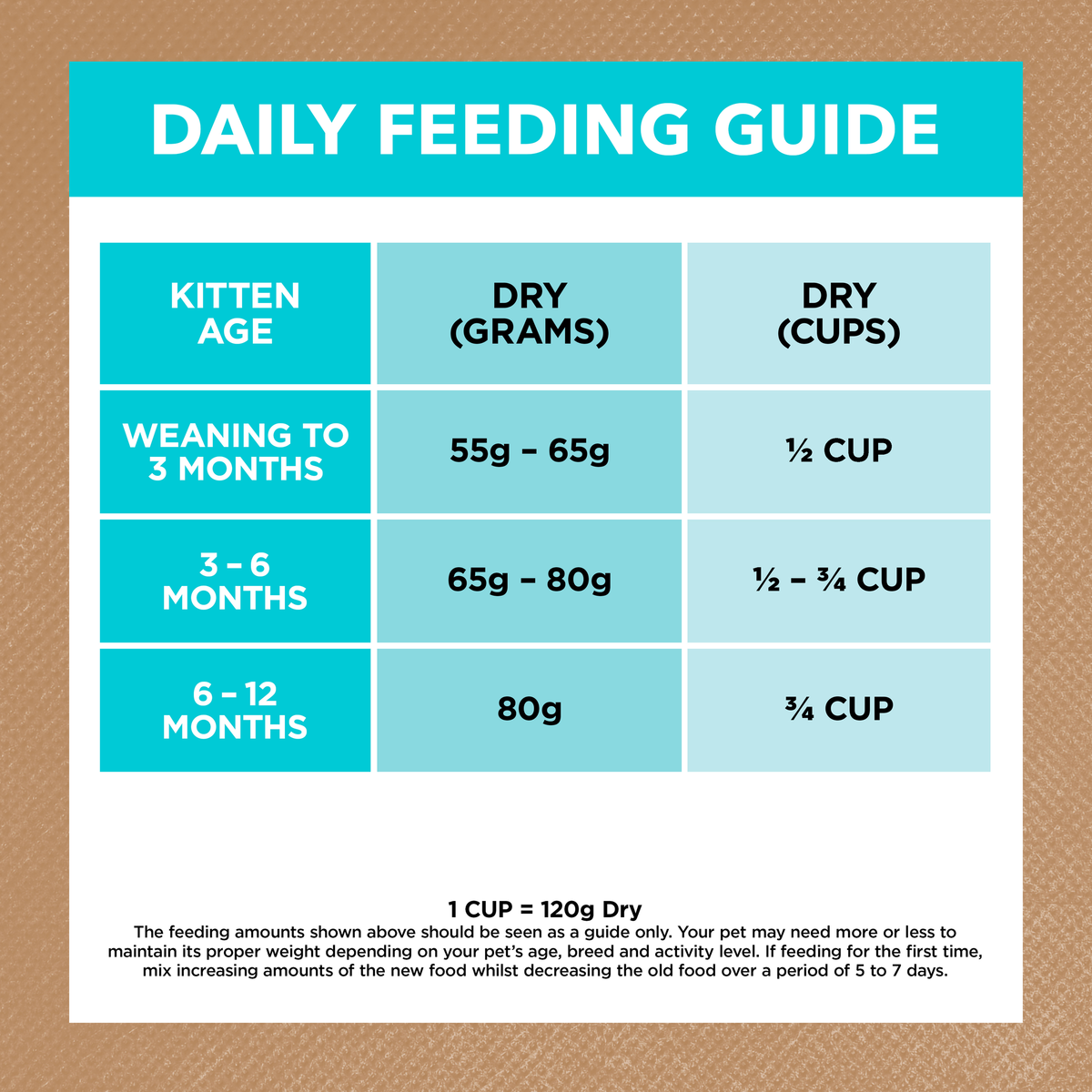 Ivory Coat kitten food feeding guide, grams and cups per day by kitten age