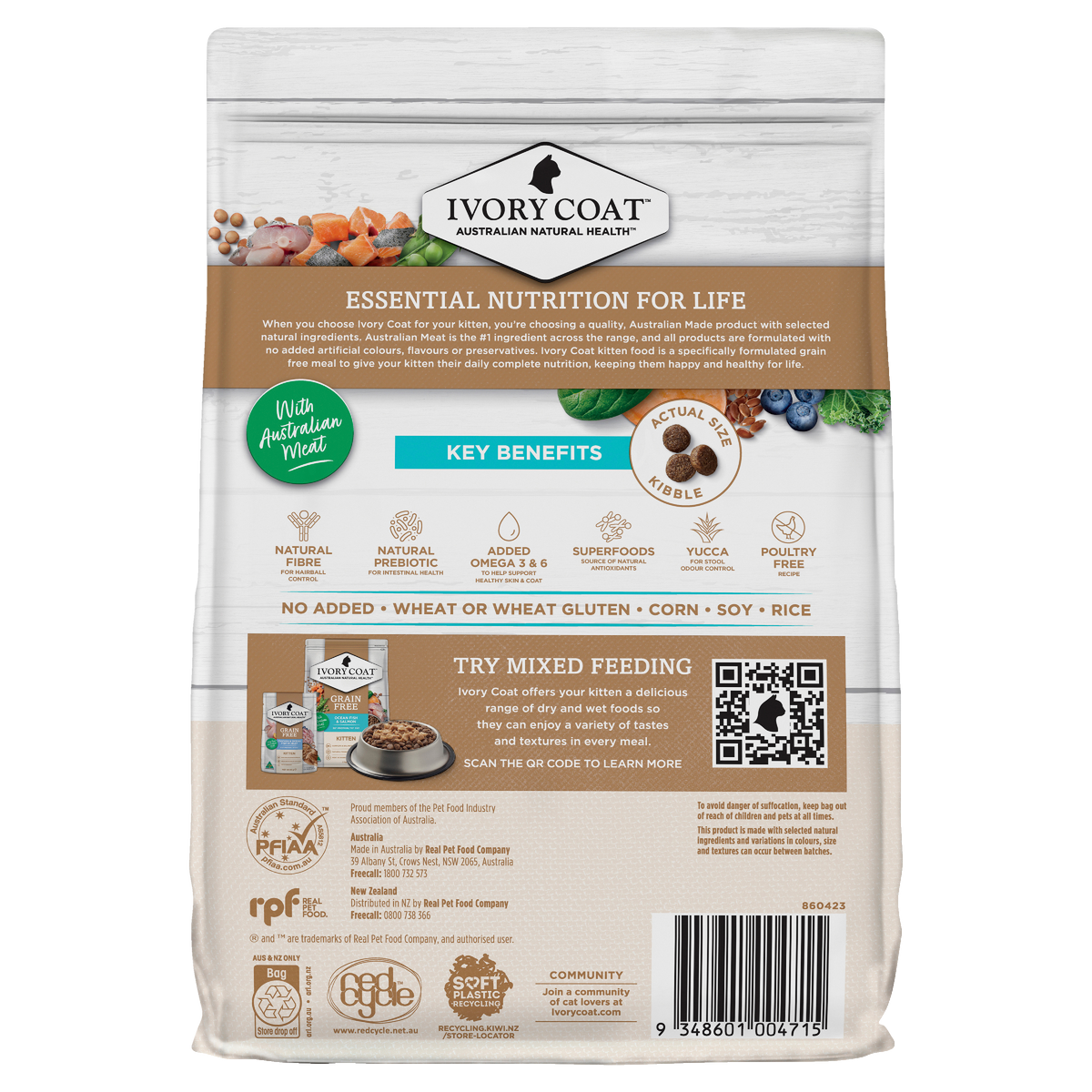 Back of the Ivory Coat Grain Free Ocean Fish and Salmon dry kitten food bag