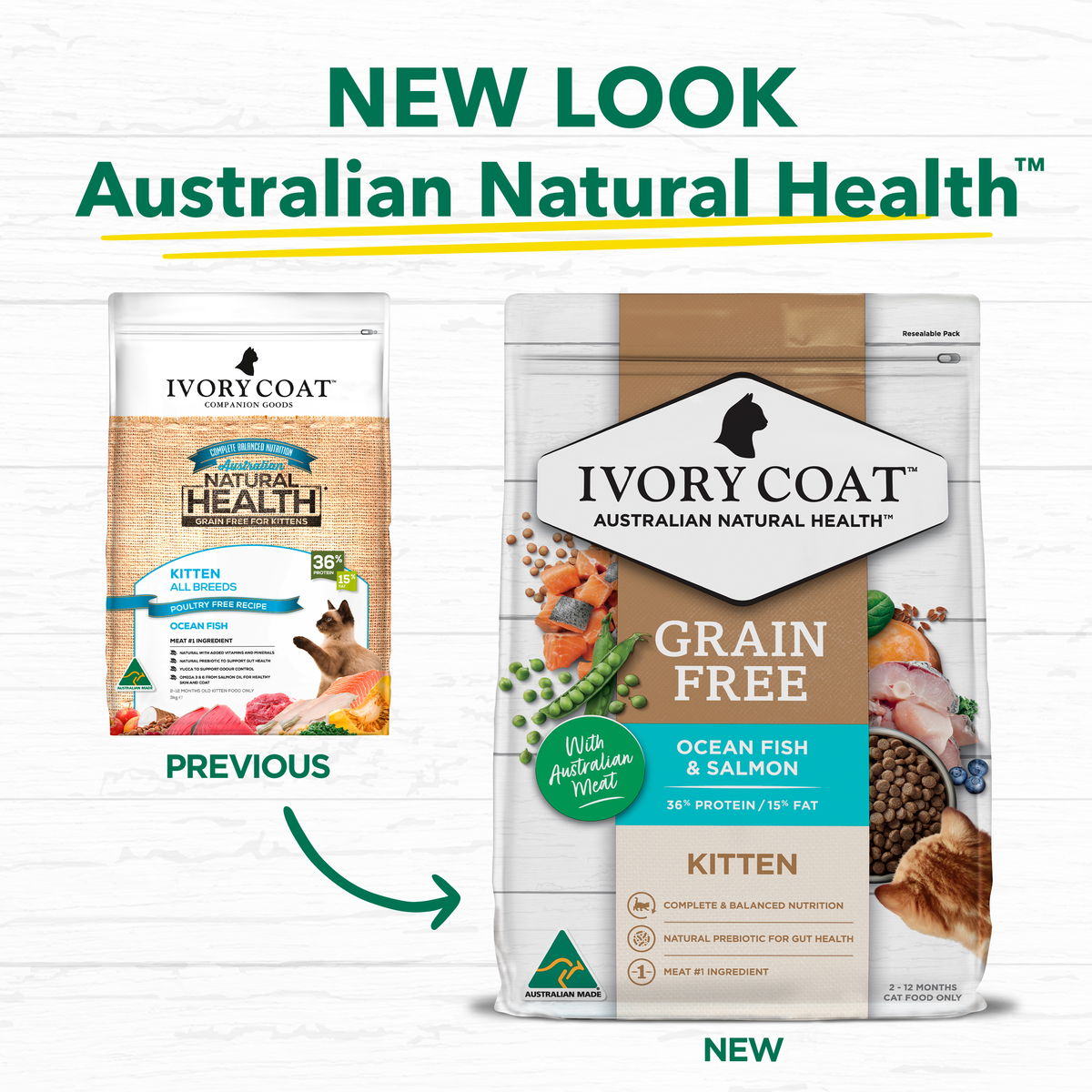 Ivory Coat packaging update: previous and new Grain Free Ocean Fish and Salmon kitten bags