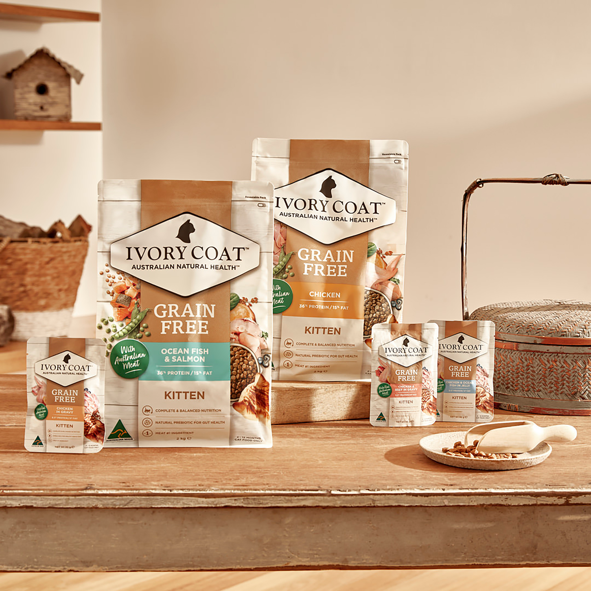 The Ivory Coat kitten food range on a kitchen bench