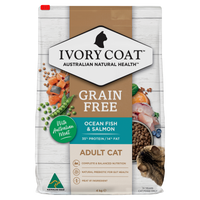 Ivory Coat Grain Free Ocean Fish and Salmon adult dry cat food, front of the bag