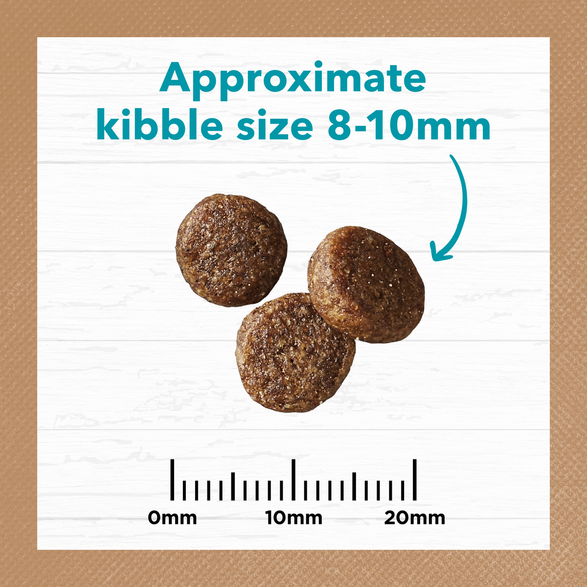 Ivory Coat cat kibble measured against a ruler, approximately 8 to 10mm across