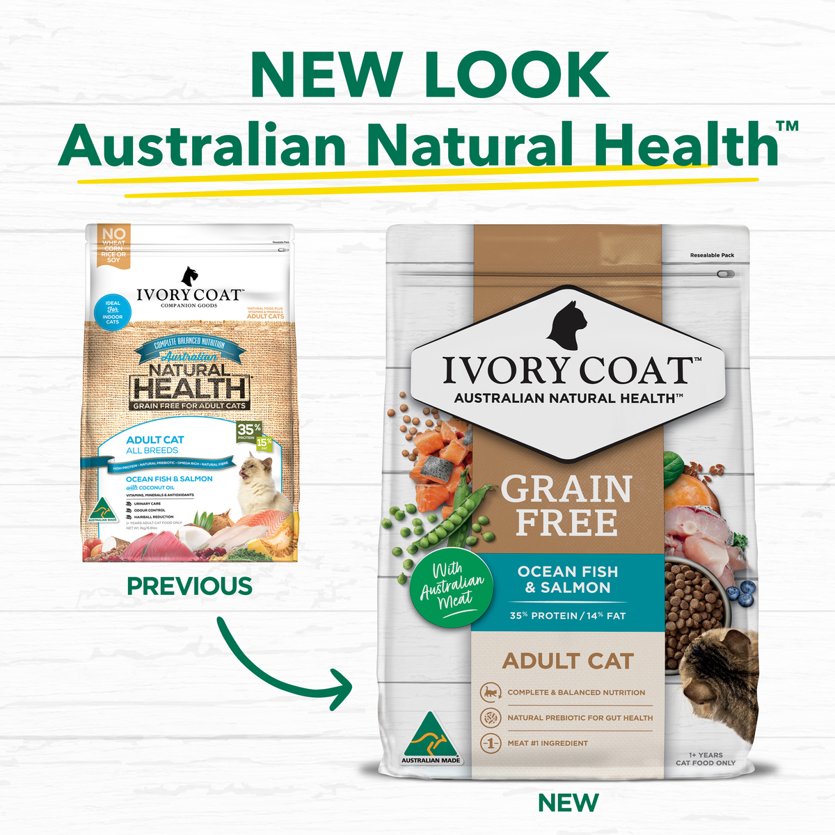 Ivory Coat packaging update: previous and new Grain Free Ocean Fish and Salmon adult cat bags