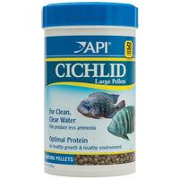 API Cichlid Large Pellets floating fish food, 200g tub front label with cichlid artwork