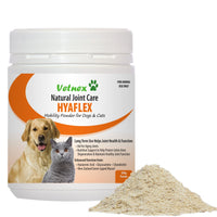 Vetnex Hyaflex Mobility Powder 200g tub with a pile of the cream powder beside it