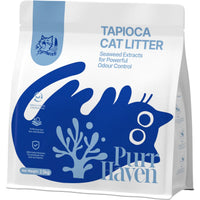 Purr Haven Tapioca Cat Litter bag, white pack with a blue cat and seaweed graphic