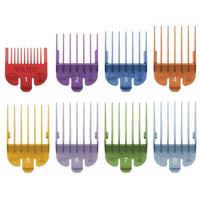 Set of eight Wahl colour-coded clipper guide combs numbered 1 to 8, laid out in two rows